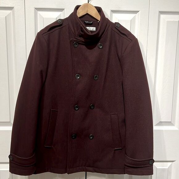 Kenneth Cole New York Maroon Wool Blend Double‎ Breasted Pea Coat Size M - Picture 1 of 16